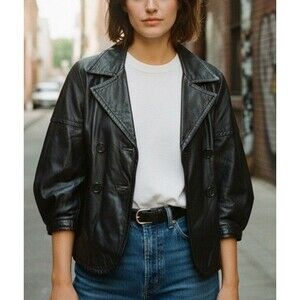 Tex by MaxAzria Leather Jacket Women Double  Breast Black Goth Retro Rock 3/4